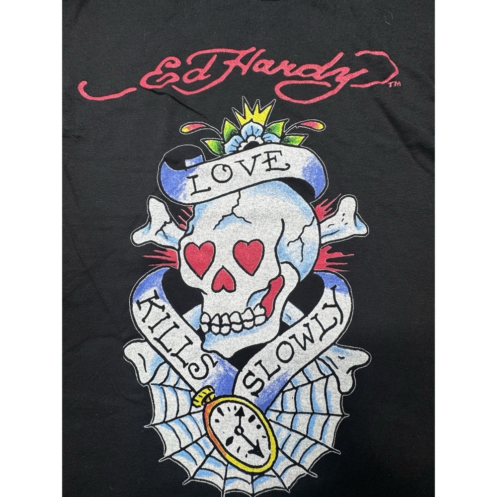 Ed Hardy T-Shirt Size Love Kills Slowly Skull Soft Black Cotton Unisex Small - Picture 2 of 8
